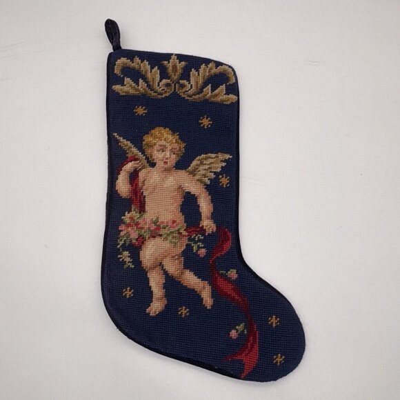 Vtg Imperial Elegance Angel Christmas Blue Stocking Embroidered Needlepoint Wool - Picture 1 of 6